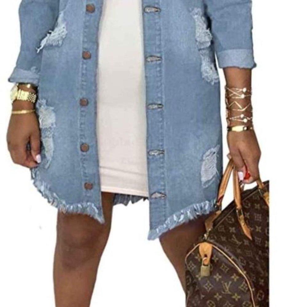 Trendy Distressed Jeans Denim Duster Size Large - Picture 3 of 6